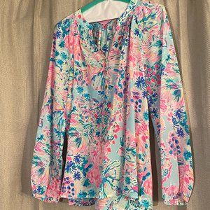 Lily Pulitzer 100% silk blouse tunic Sz M Flowers Long Sleeve
